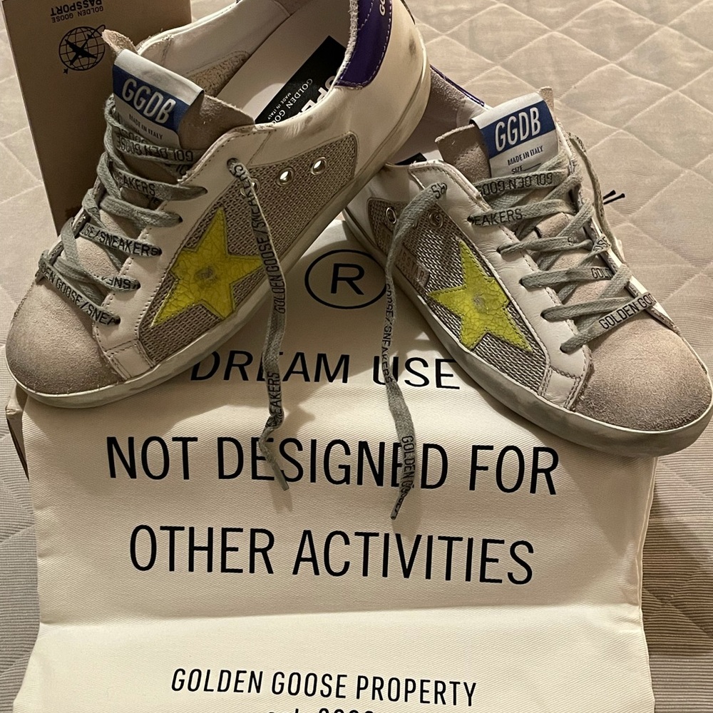 Golden Goose SuperStar- ice suede toe/net/yellow crack leather stars-purple heel